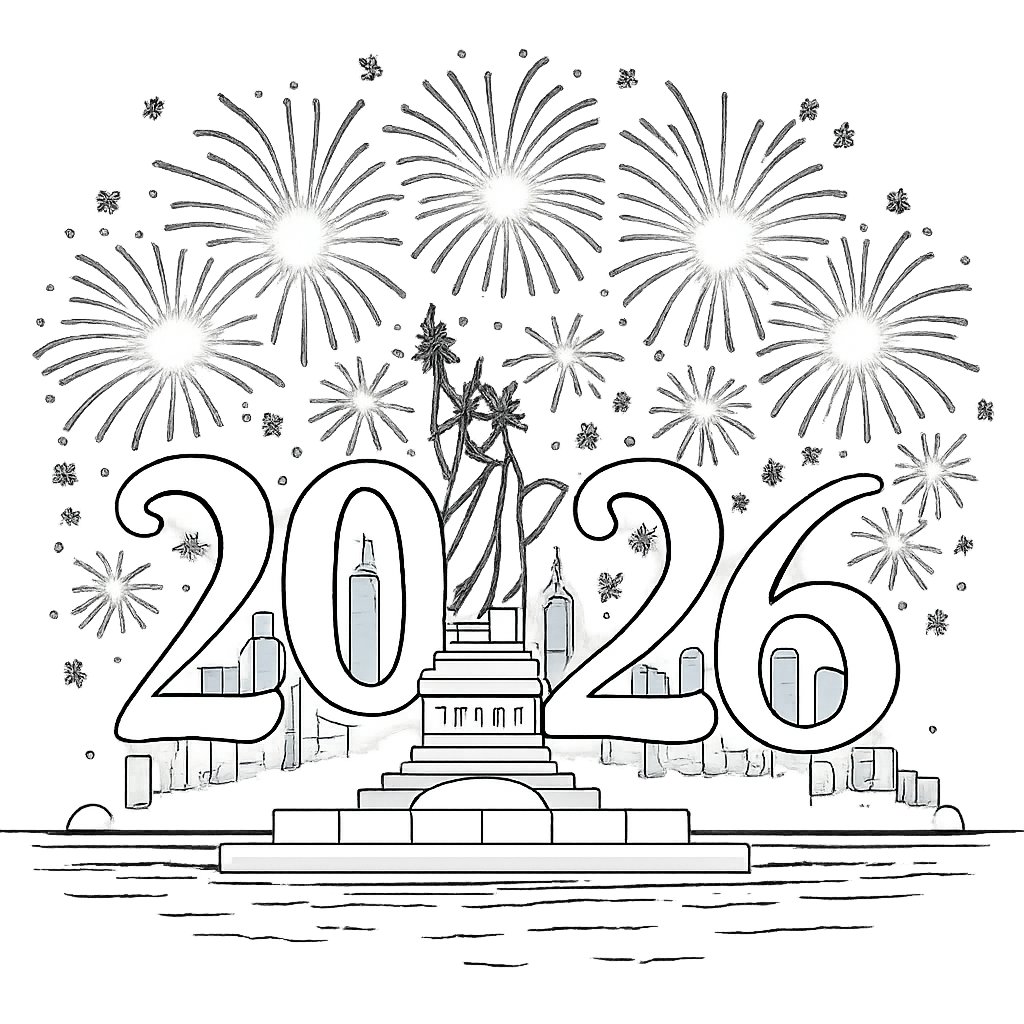 Gelukkig nieuwjaar kleurplaat - zwart-wit lijntekening