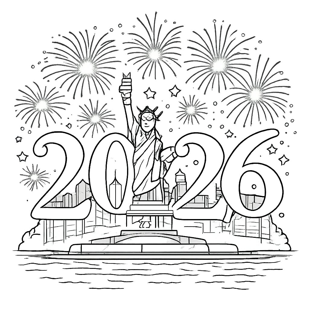 Gelukkig nieuwjaar kleurplaat - zwart-wit lijntekening