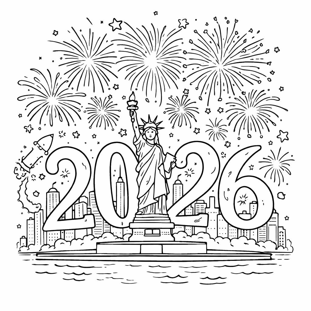 Gelukkig nieuwjaar kleurplaat - zwart-wit lijntekening