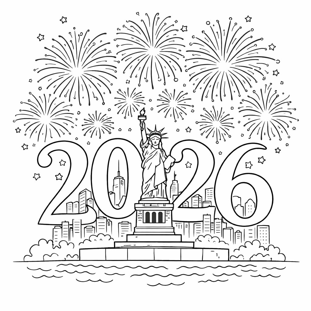 Gelukkig nieuwjaar kleurplaat - zwart-wit lijntekening