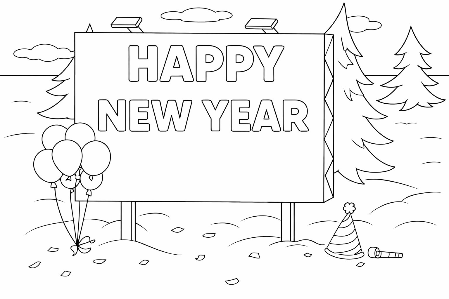 Happy New year kleurplaat - zwart-wit lijntekening