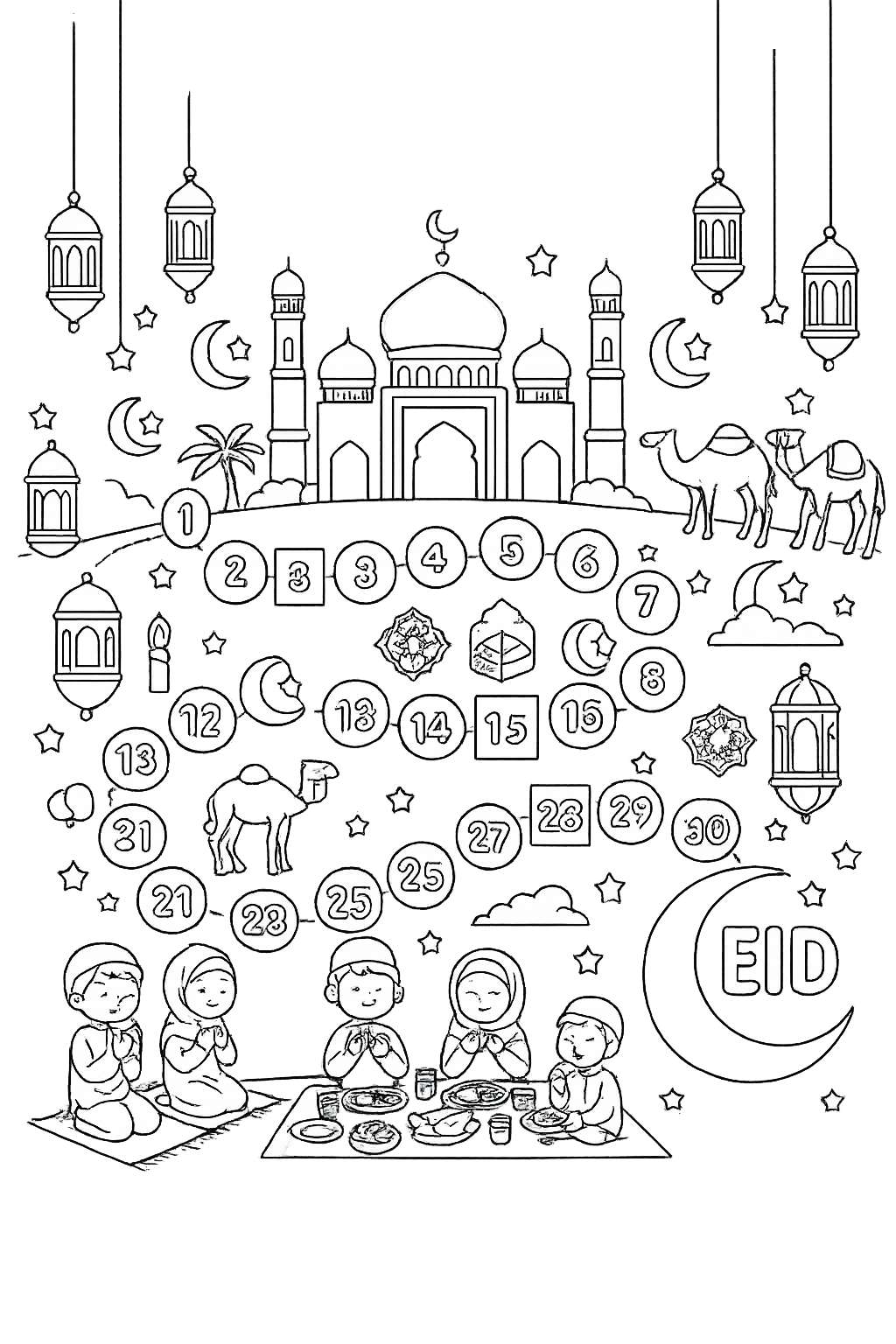 Ramadan kalender kleurplaat - zwart-wit lijntekening