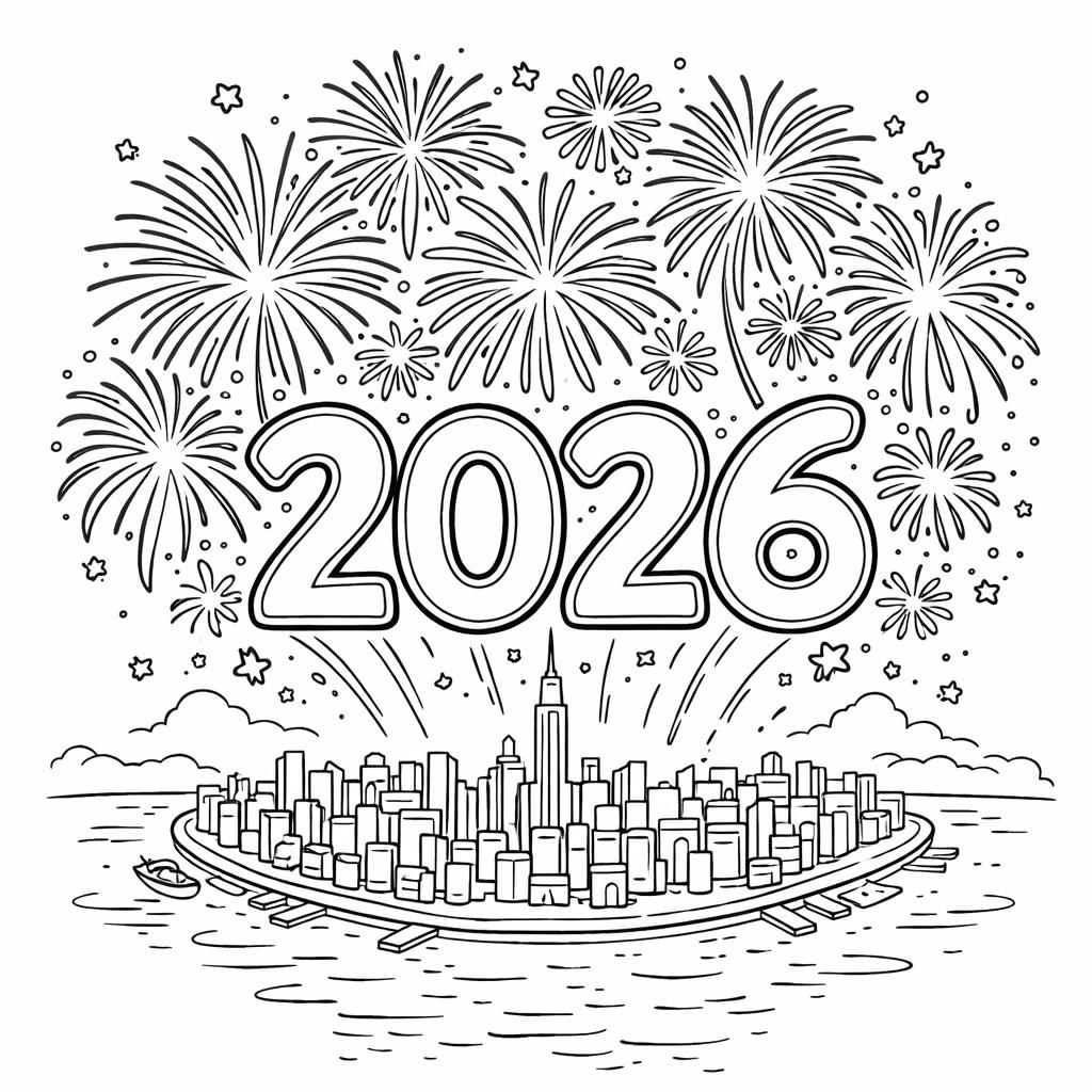 2026 vuurwerk coloring page line art