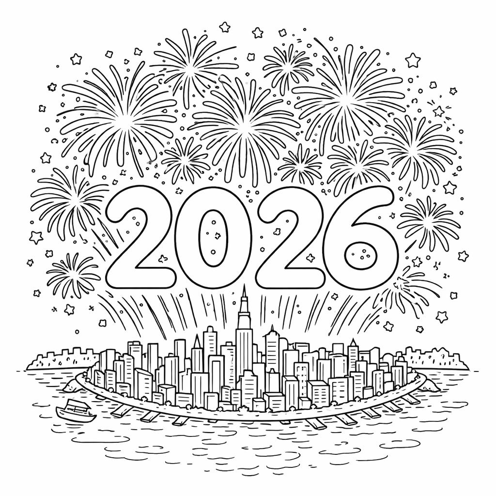 2026 vuurwerk coloring page line art