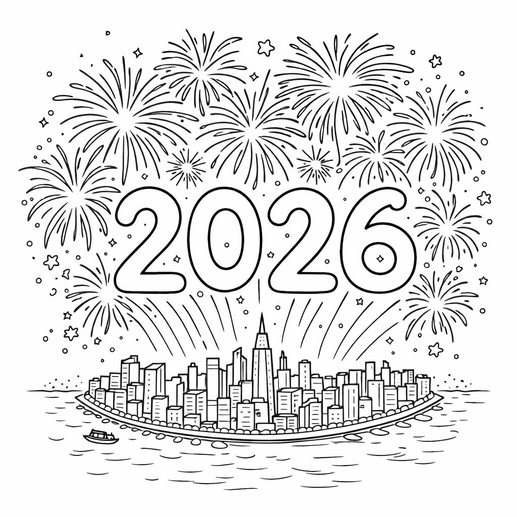 2026 vuurwerk coloring page line art