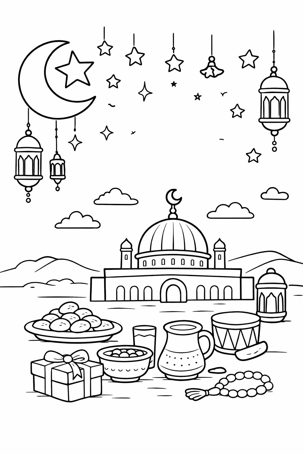Ramadan Mubarak kleurplaat - zwart-wit lijntekening