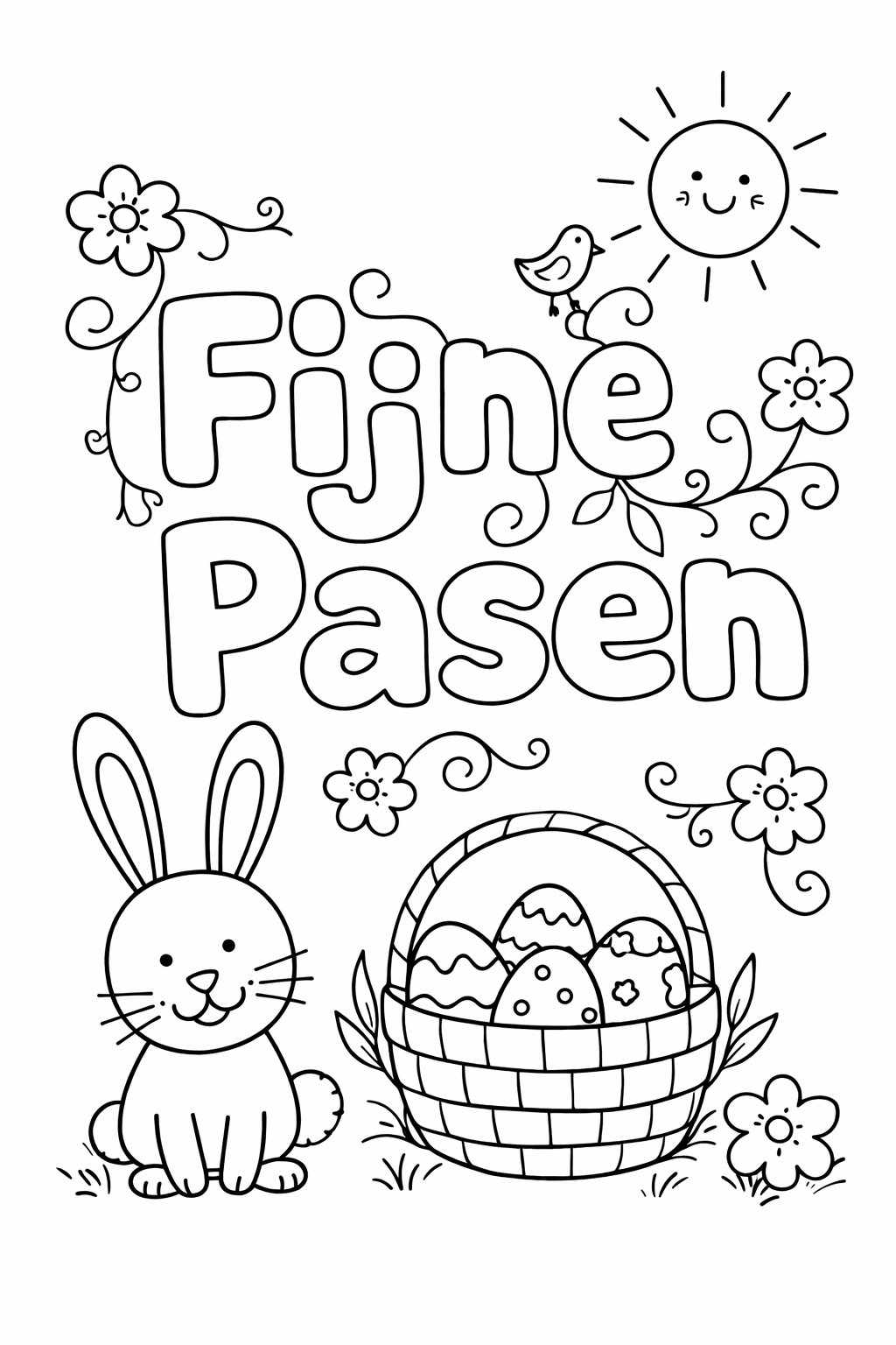 Fijne pasen kleurplaat - zwart-wit lijntekening
