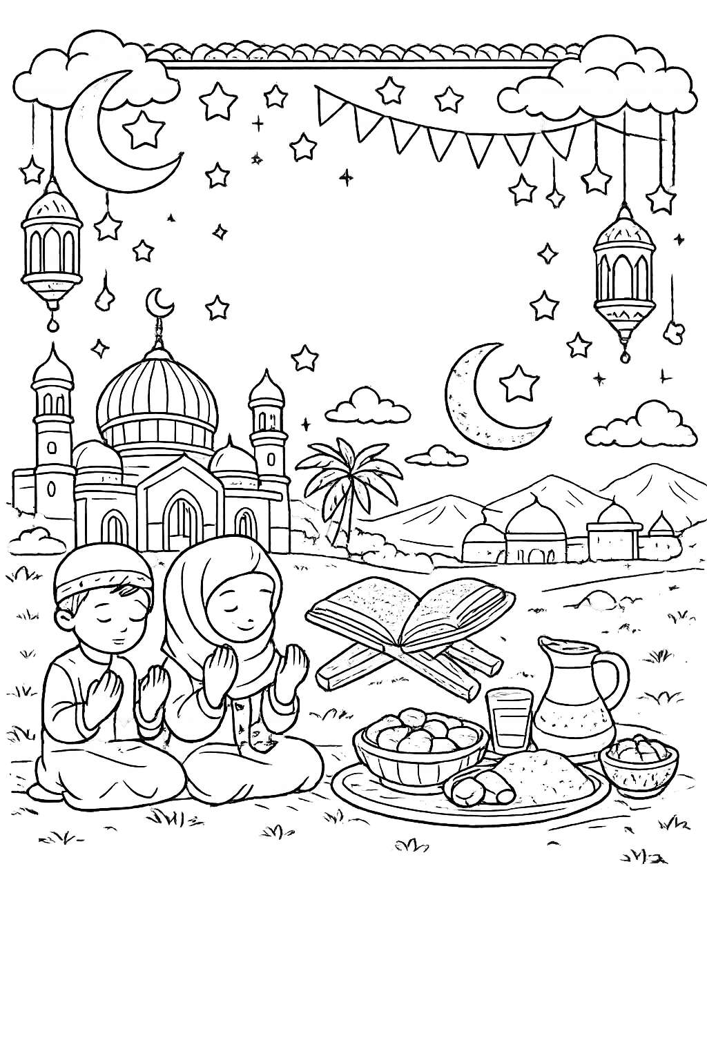 ramadan kleurplaat - zwart-wit lijntekening