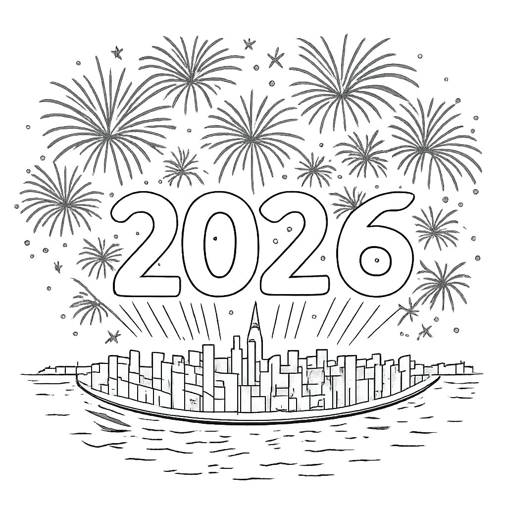 2026 vuurwerk coloring page line art