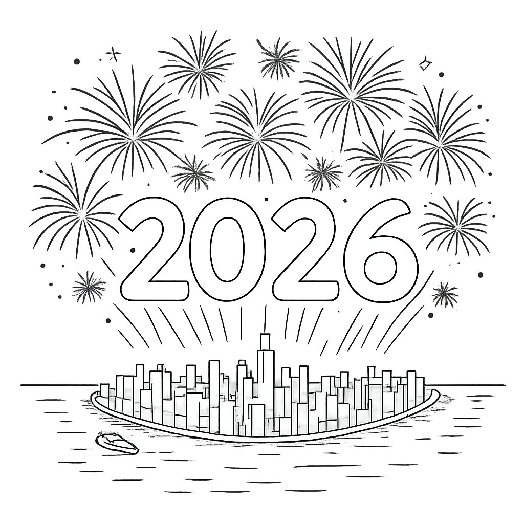 2026 vuurwerk coloring page line art