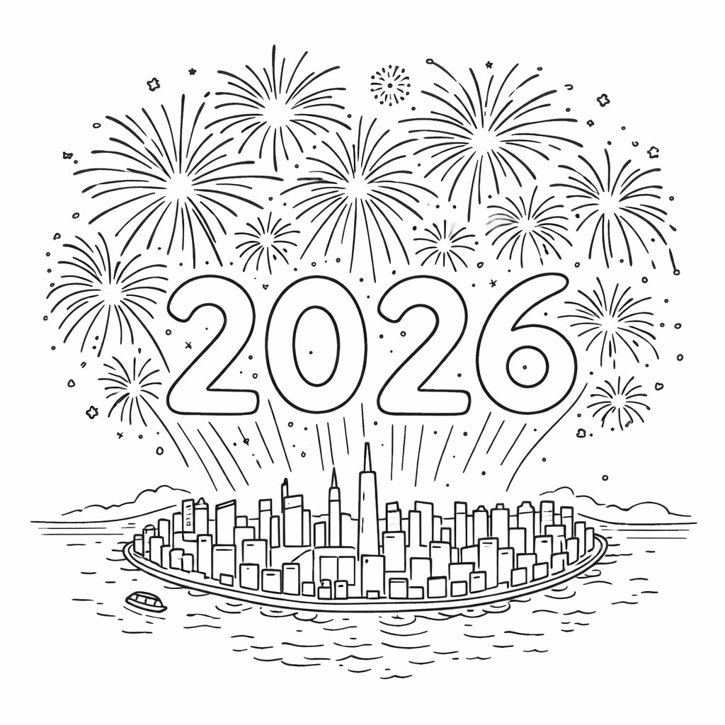 2026 vuurwerk coloring page line art