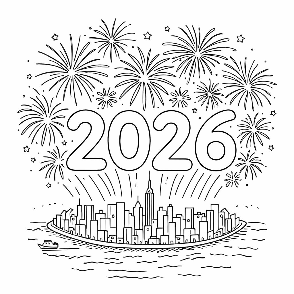 2026 vuurwerk coloring page line art