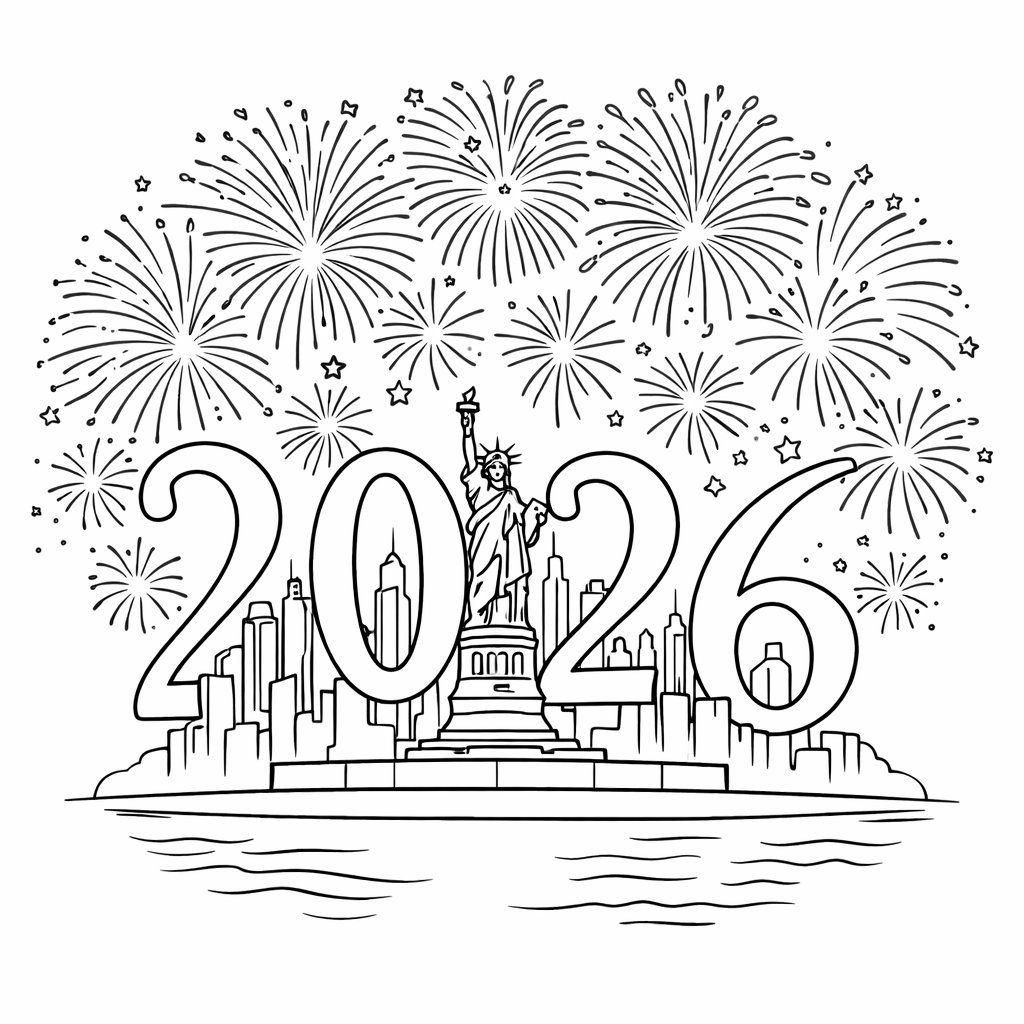 Happy new Year kleurplaat - zwart-wit lijntekening