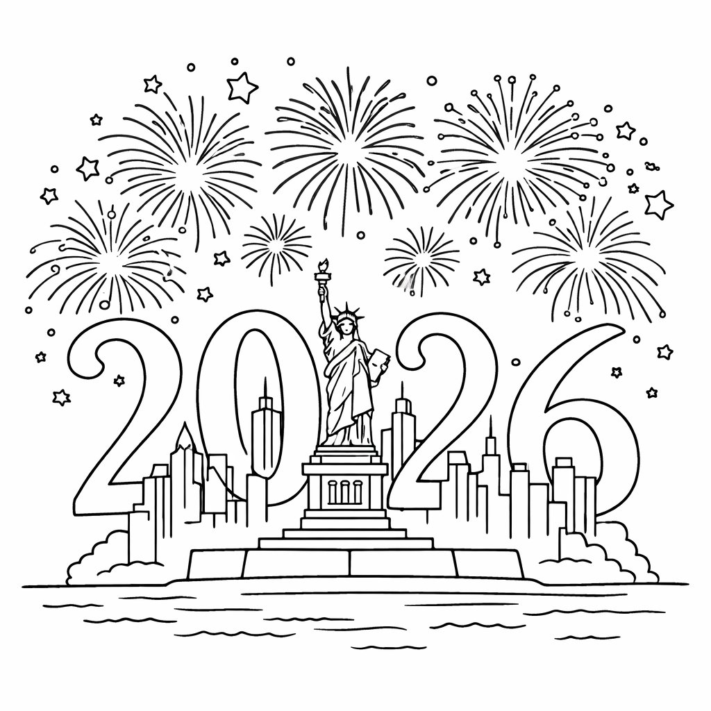 Happy new Year kleurplaat - zwart-wit lijntekening