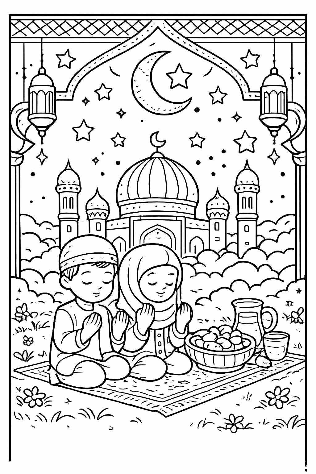 Ramadan kleurplaat - zwart-wit lijntekening