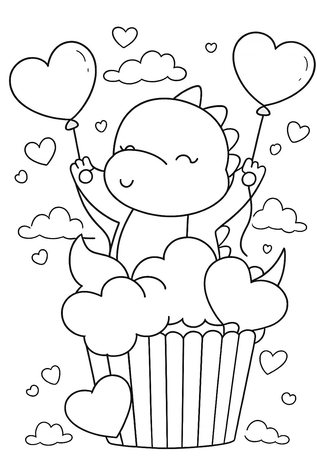 Cupcake Valentijnsdag kleurplaat - zwart-wit lijntekening