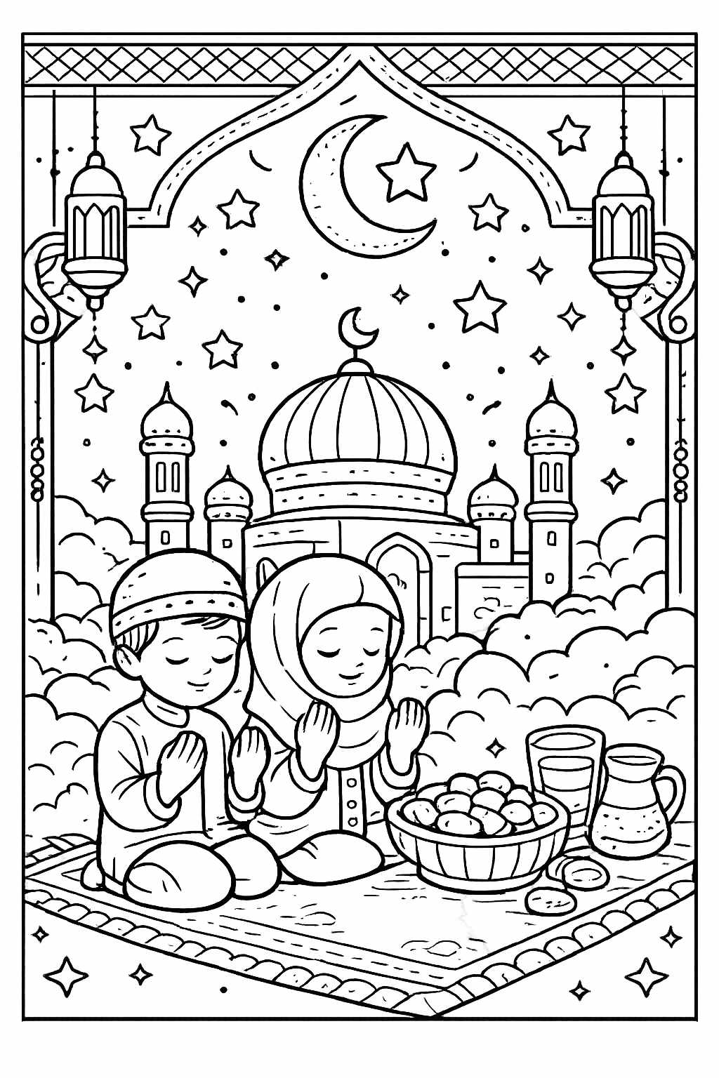 Ramadan kleurplaat - zwart-wit lijntekening