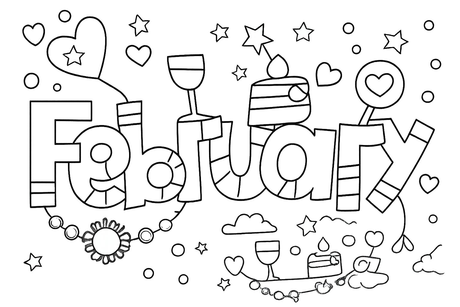 Februari kleurplaat - zwart-wit lijntekening