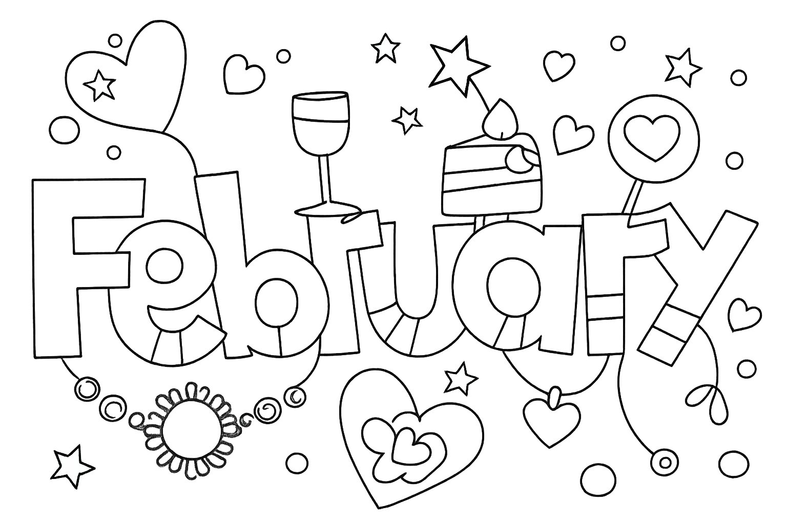 Februari kleurplaat - zwart-wit lijntekening