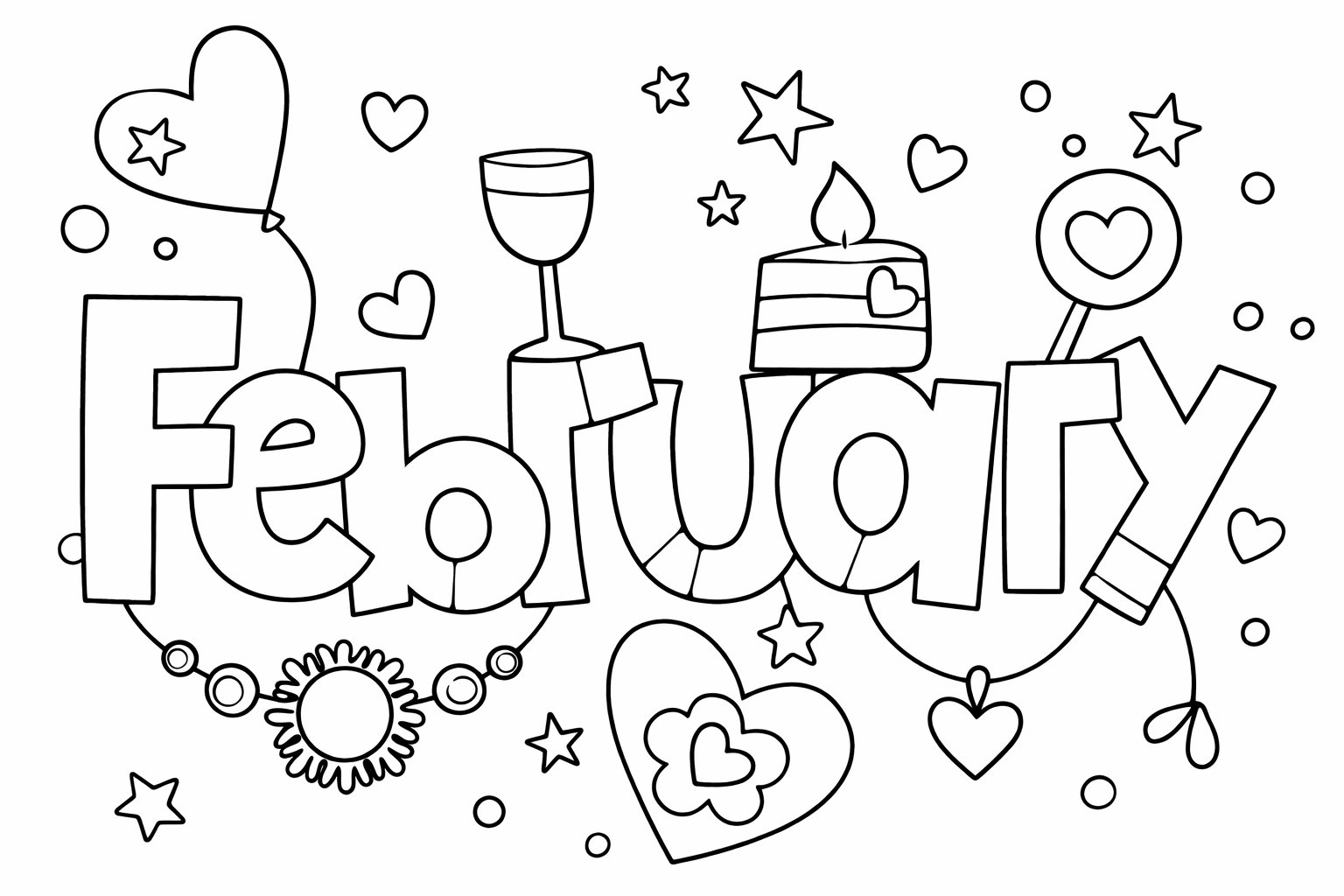 Februari kleurplaat - zwart-wit lijntekening