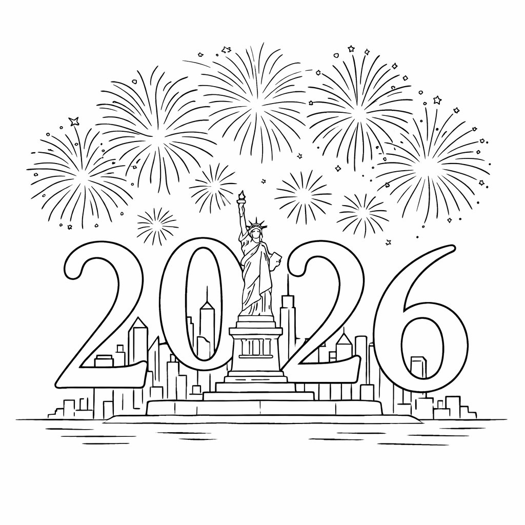 Gelukkig nieuwjaar kleurplaat - zwart-wit lijntekening