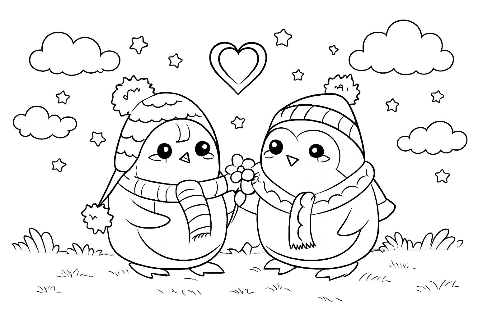 pinguin liefde koppel Malvorlage Linienzeichnung
