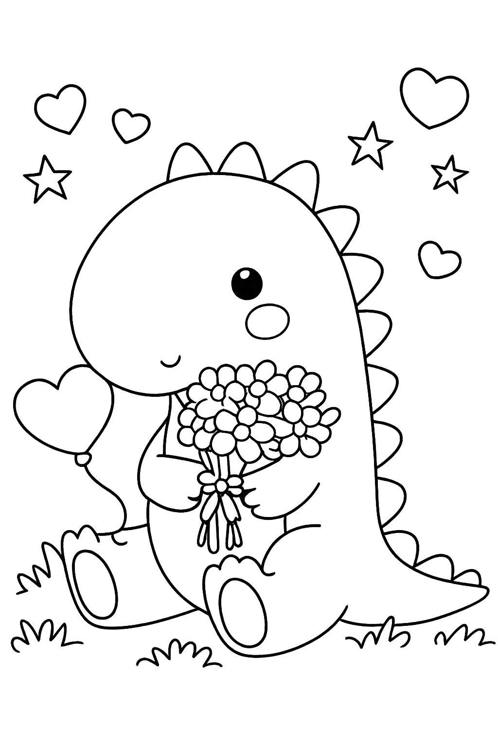 Liefdes Dino kleurplaat - zwart-wit lijntekening