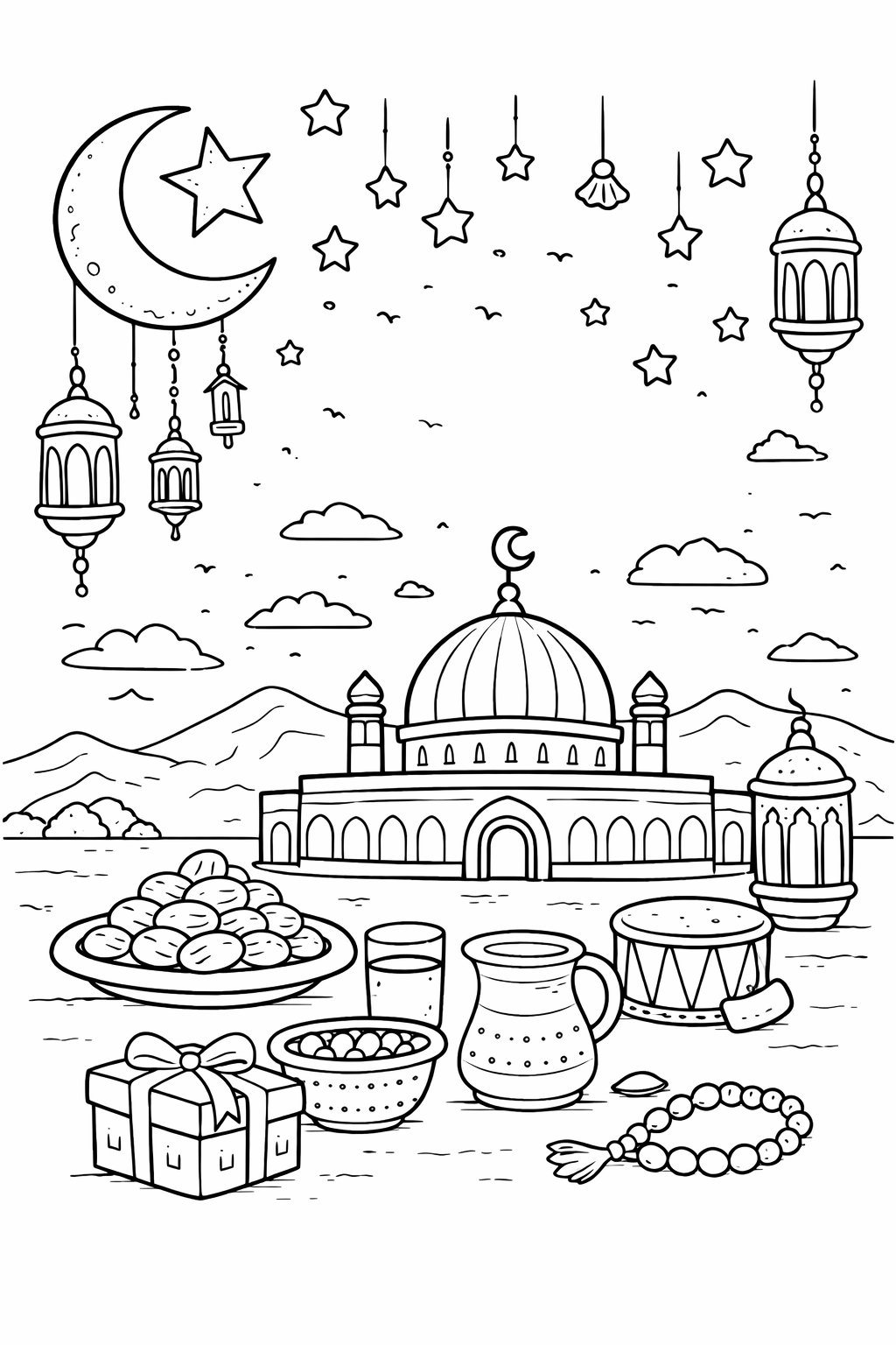 Ramadan Mubarak kleurplaat - zwart-wit lijntekening