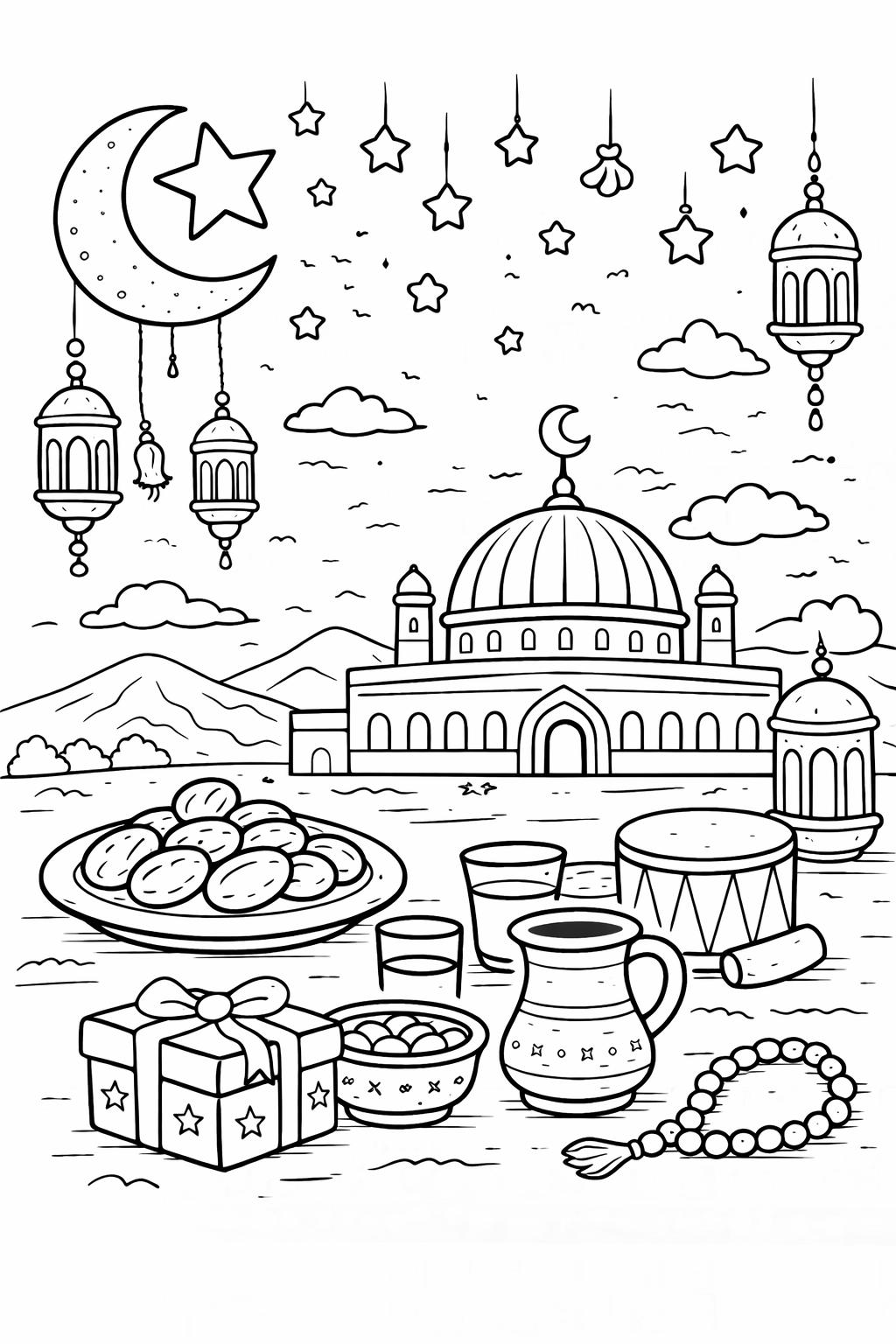 Ramadan Mubarak kleurplaat - zwart-wit lijntekening