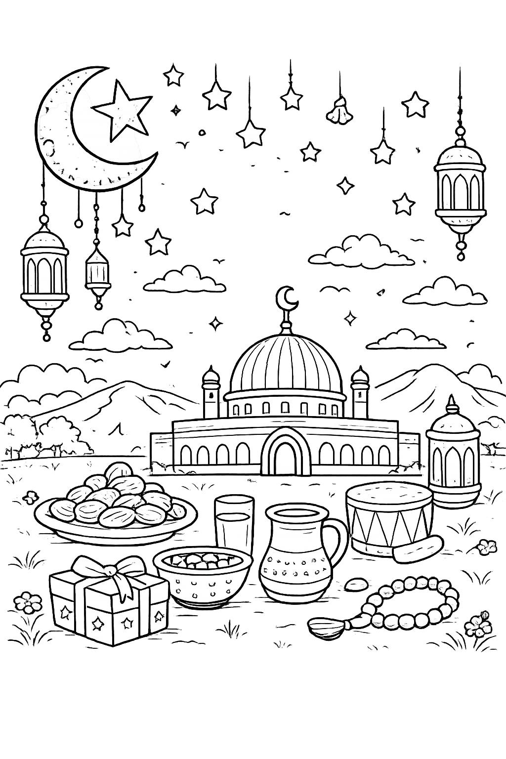 Ramadan Mubarak kleurplaat - zwart-wit lijntekening