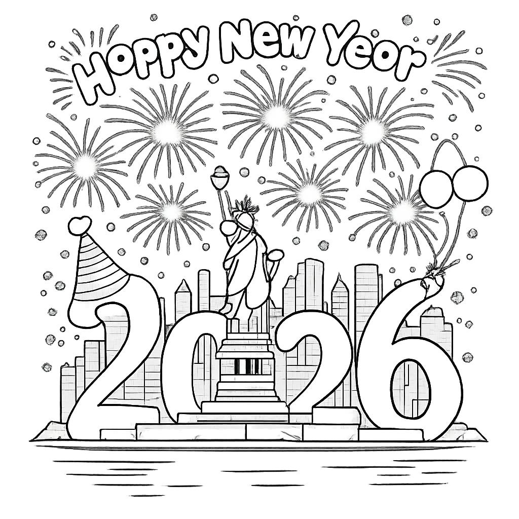 Happy new Year kleurplaat - zwart-wit lijntekening