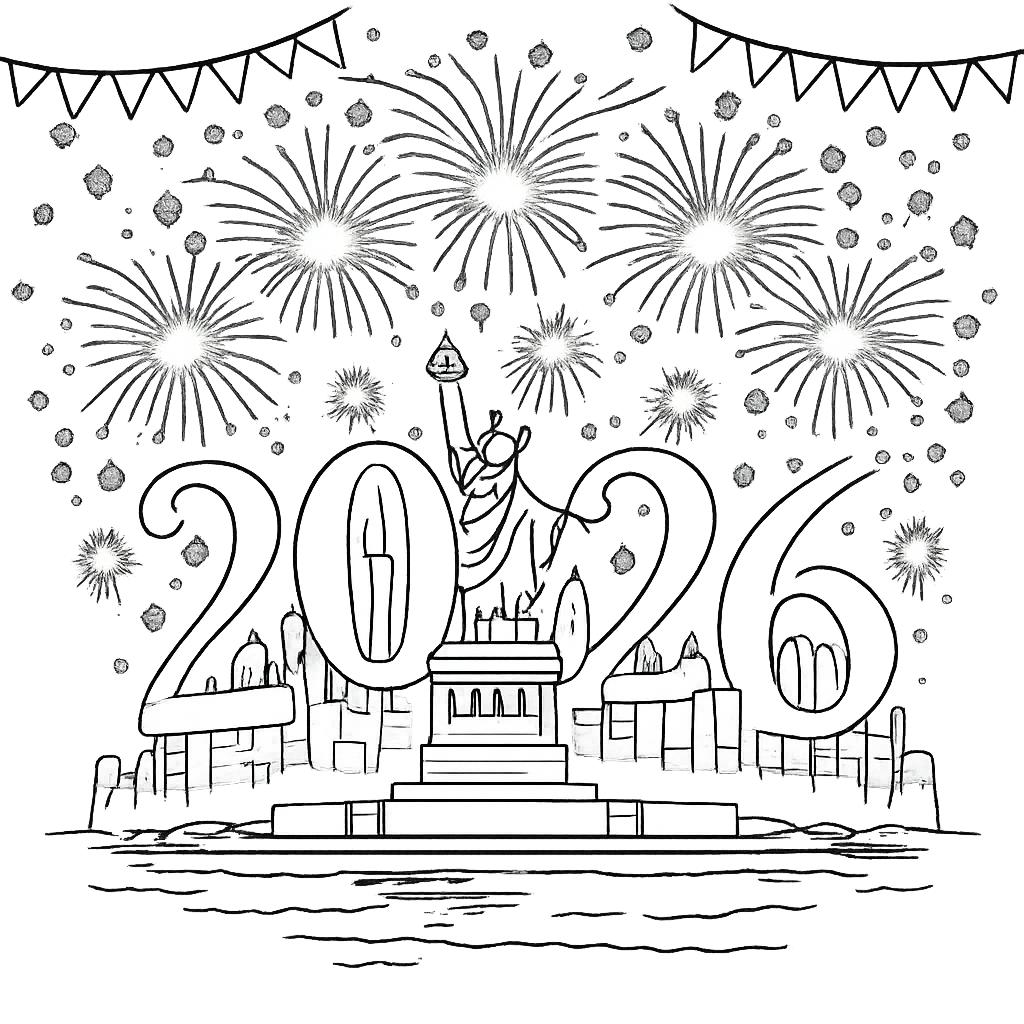 Happy new Year kleurplaat - zwart-wit lijntekening