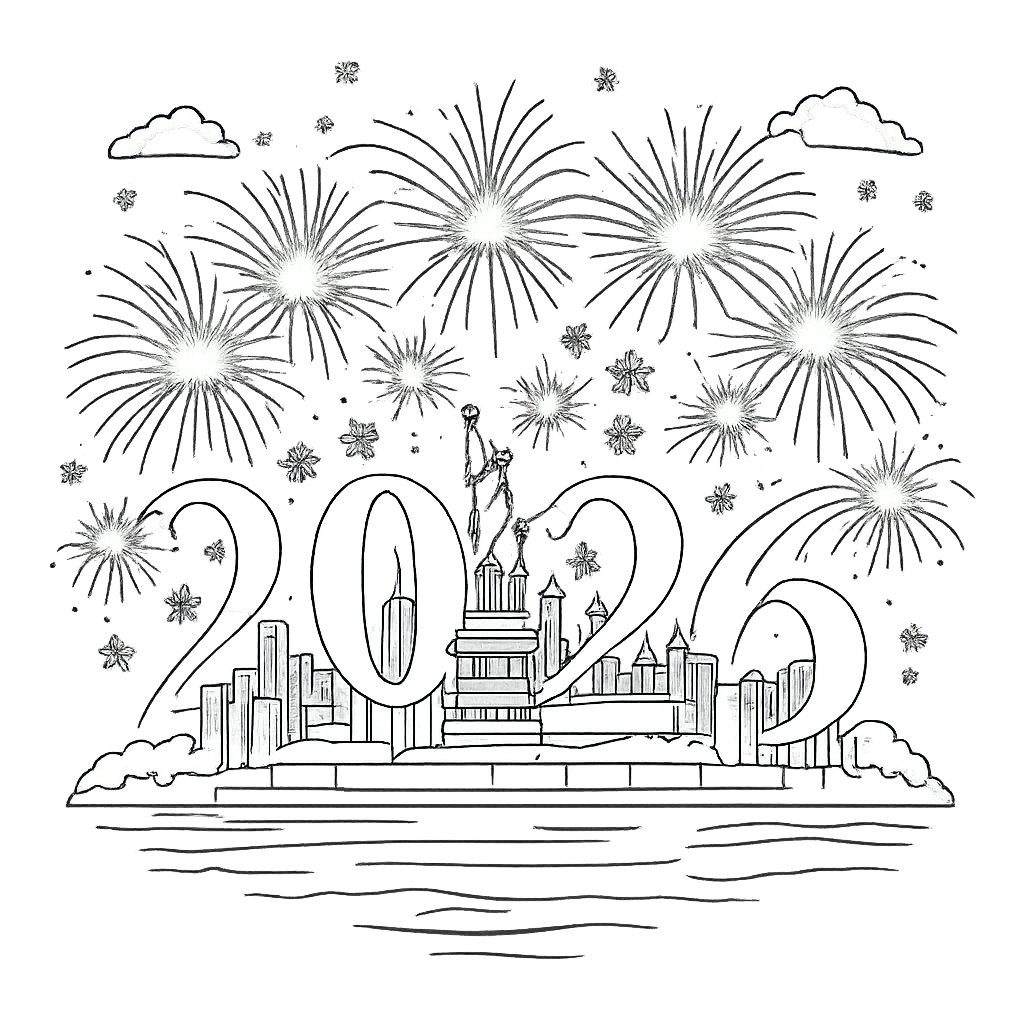 Happy new Year kleurplaat - zwart-wit lijntekening