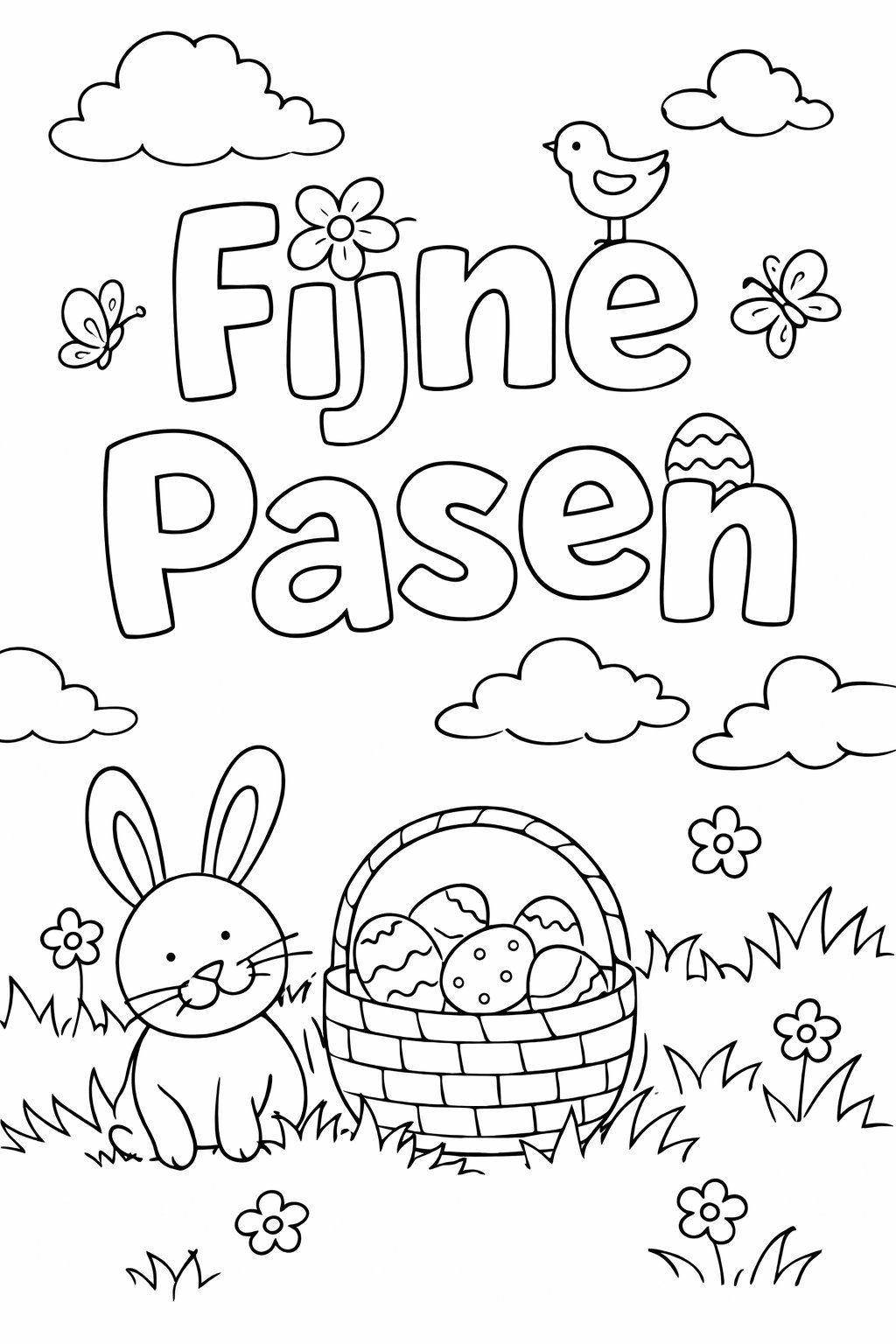 Fijne pasen kleurplaat - zwart-wit lijntekening