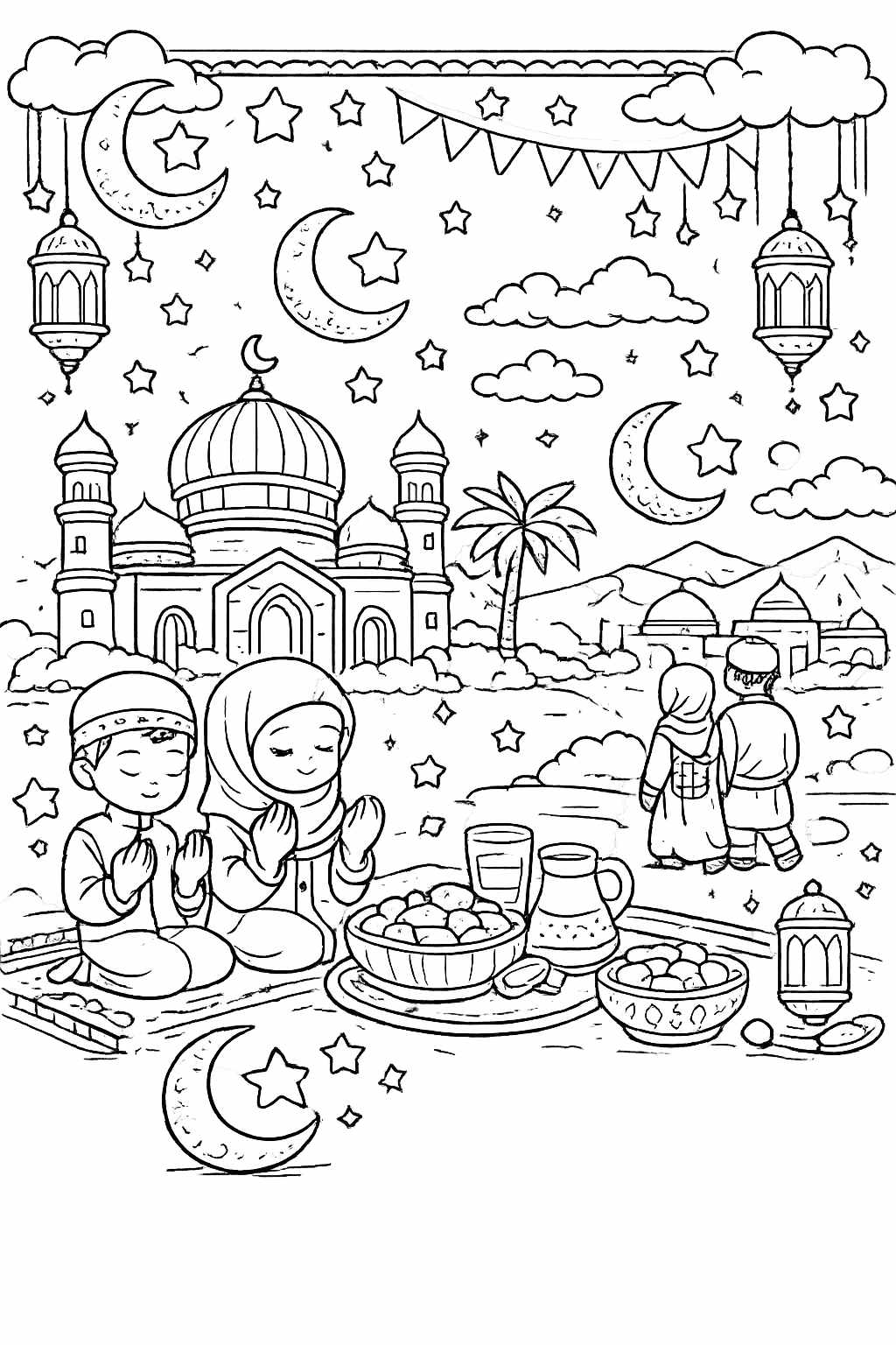 ramadan kleurplaat - zwart-wit lijntekening