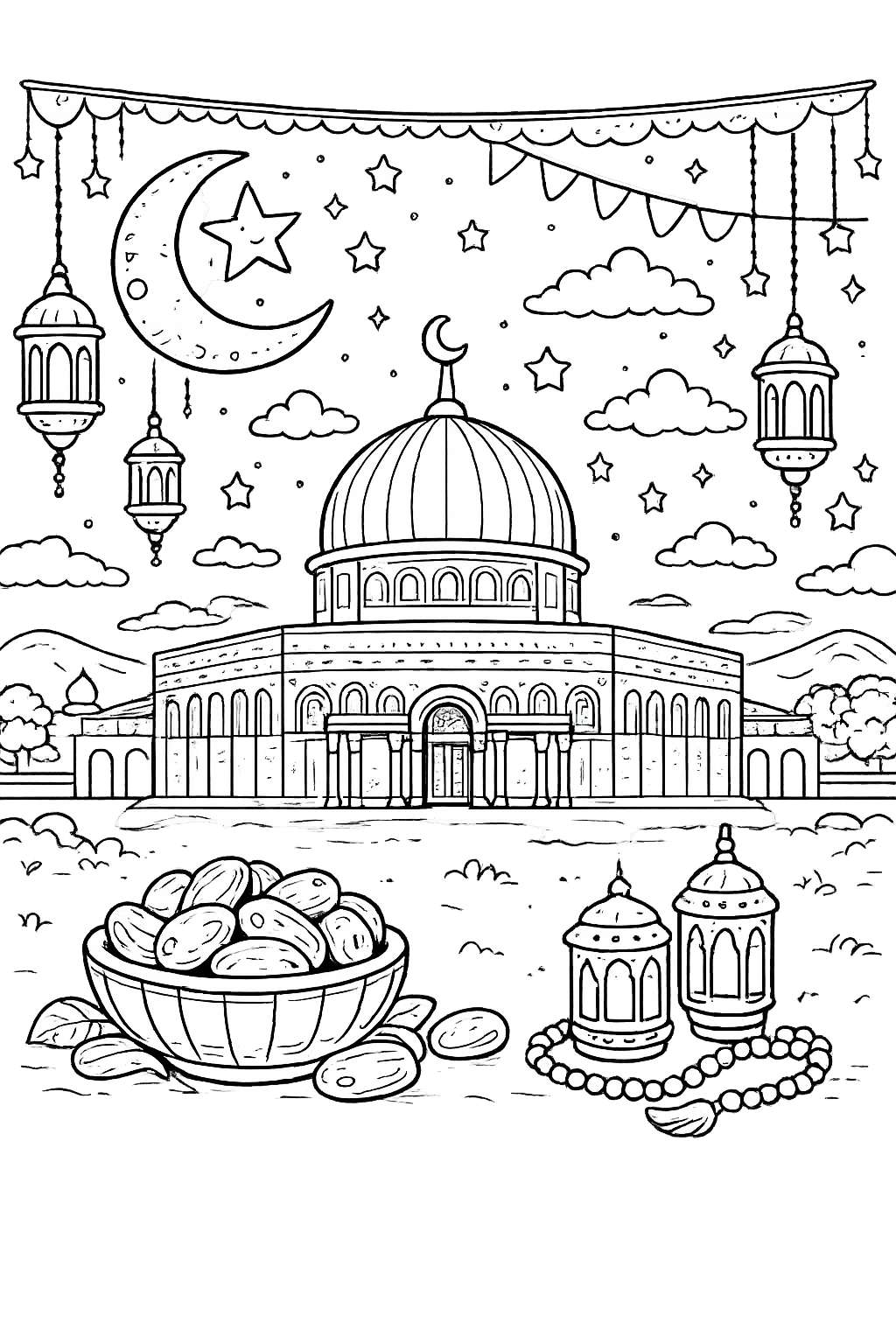 Ramadan kleurplaat - zwart-wit lijntekening