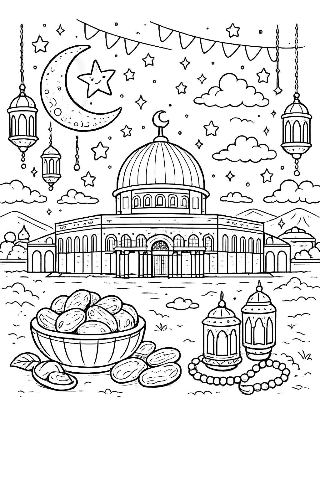 Ramadan kleurplaat - zwart-wit lijntekening