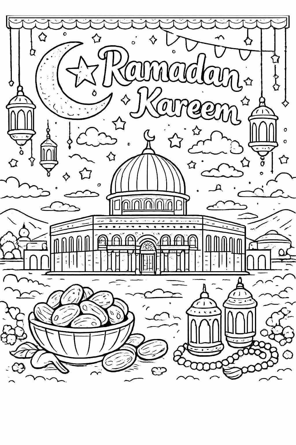 Ramadan kleurplaat - zwart-wit lijntekening