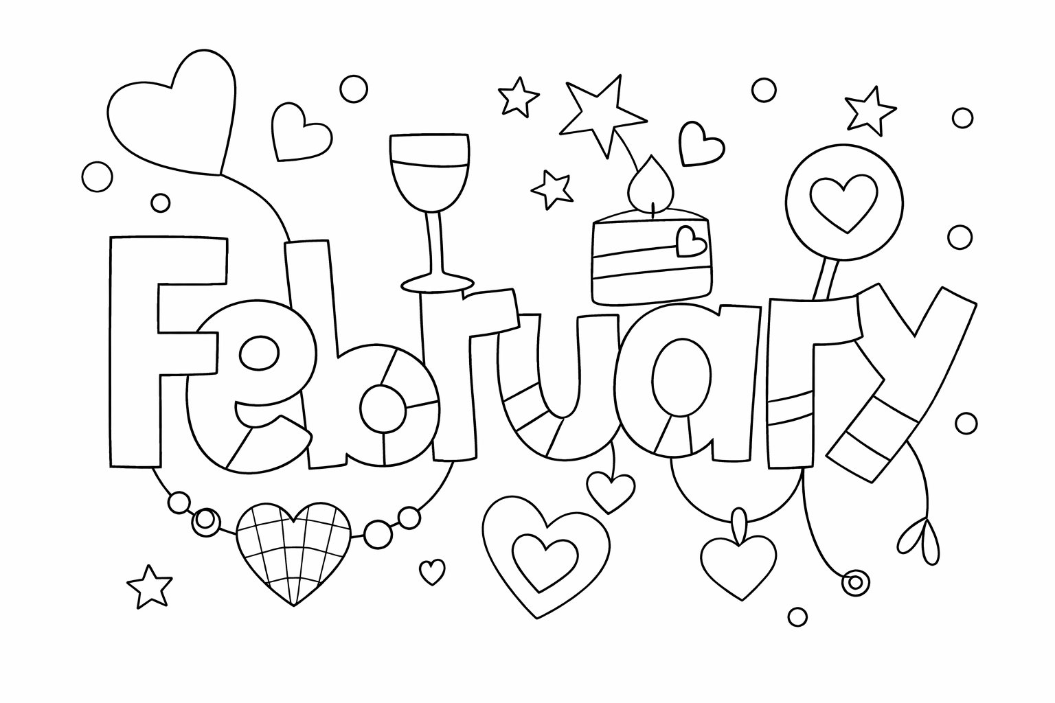 Februari kleurplaat - zwart-wit lijntekening