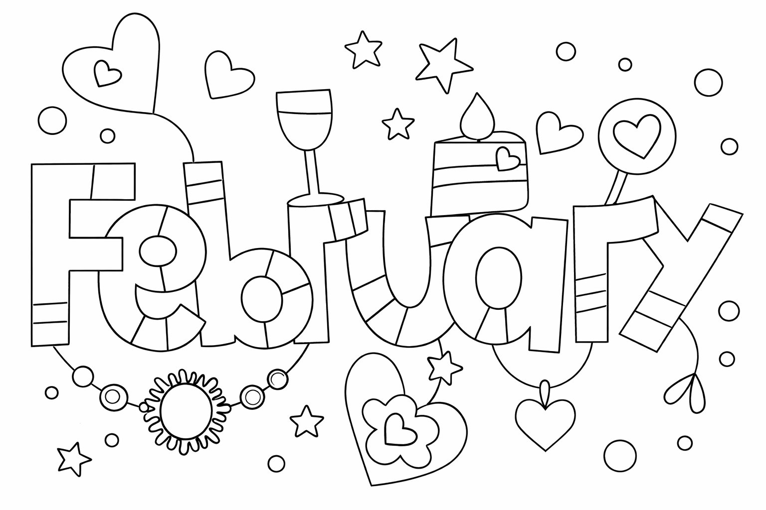 Februari kleurplaat - zwart-wit lijntekening