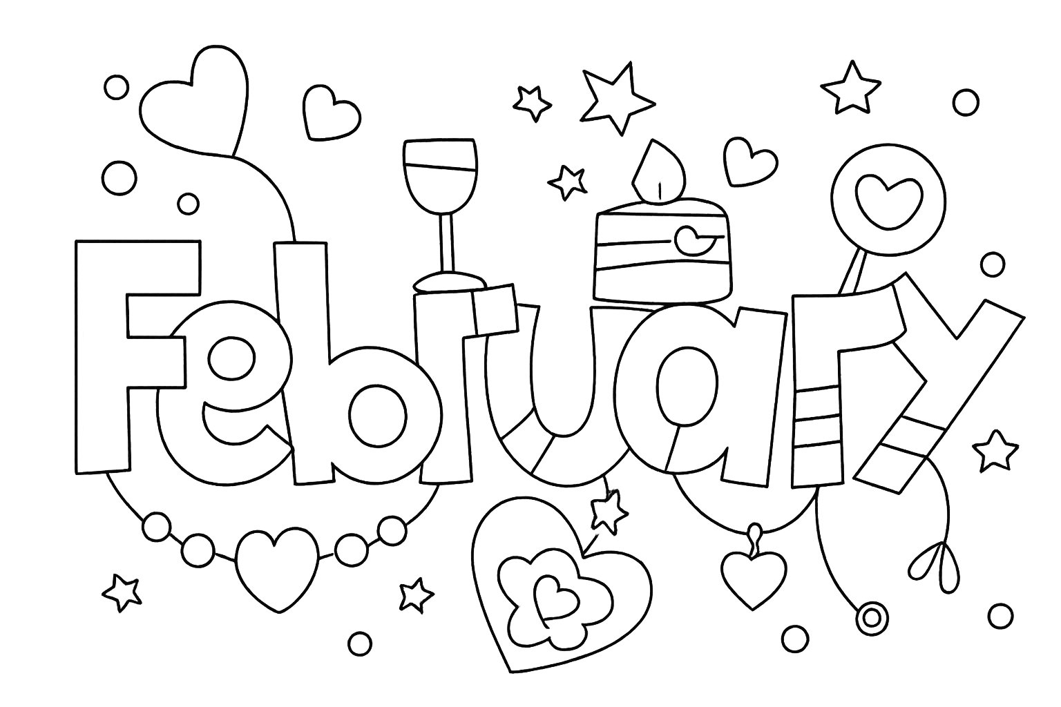 Februari kleurplaat - zwart-wit lijntekening