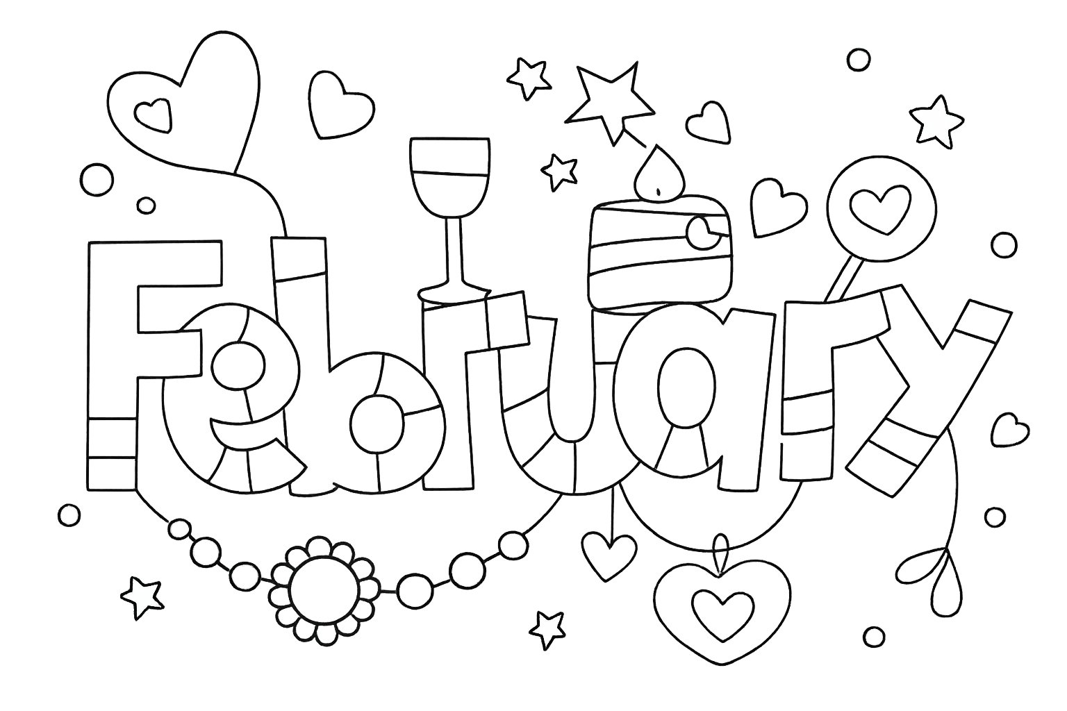 Februari kleurplaat - zwart-wit lijntekening