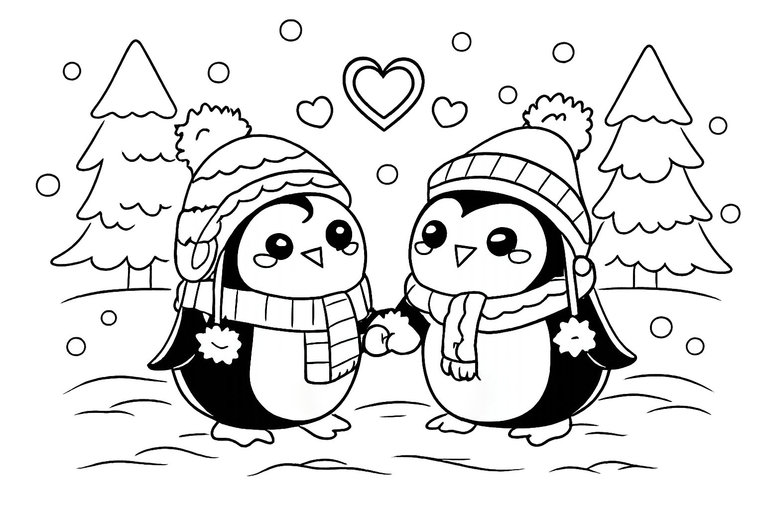 pinguin liefde koppel kleurplaat - zwart-wit lijntekening