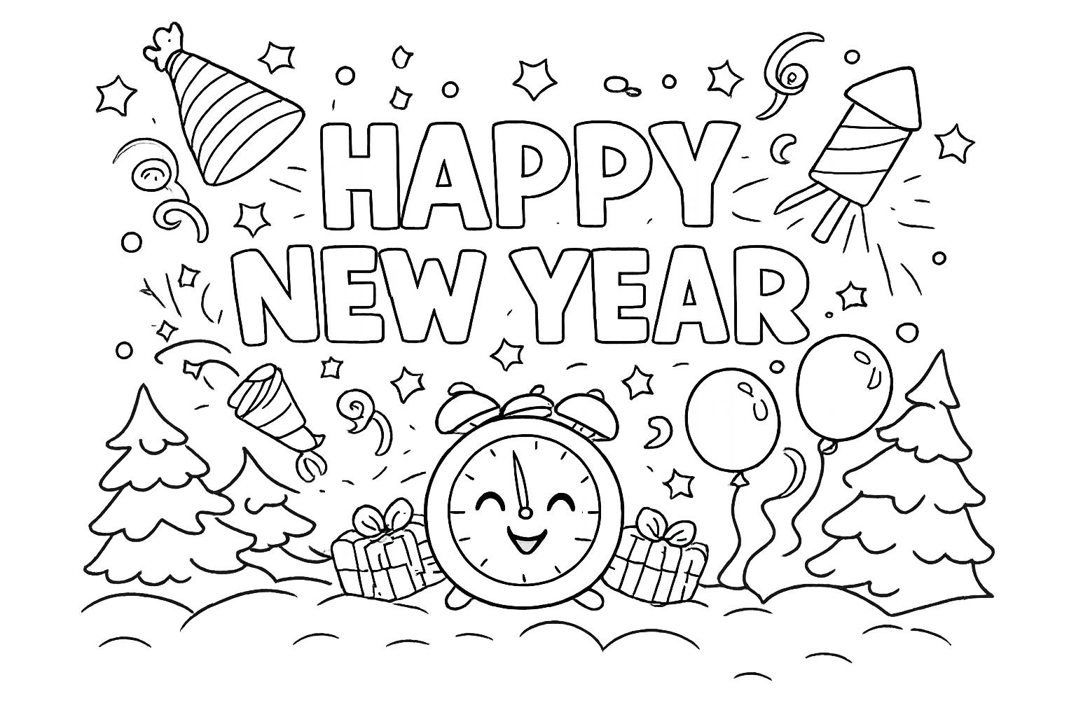 Happy New year kleurplaat - zwart-wit lijntekening