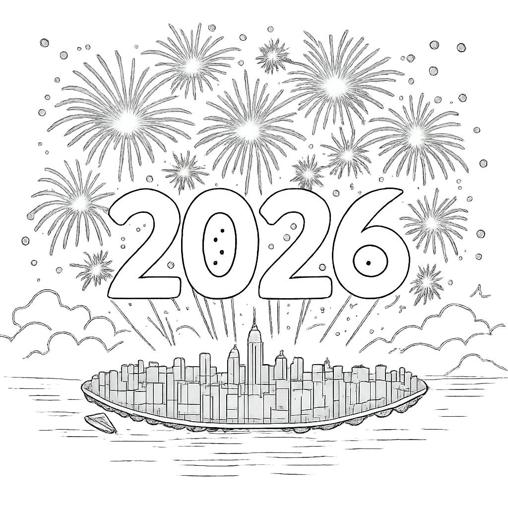 2026 vuurwerk coloring page line art