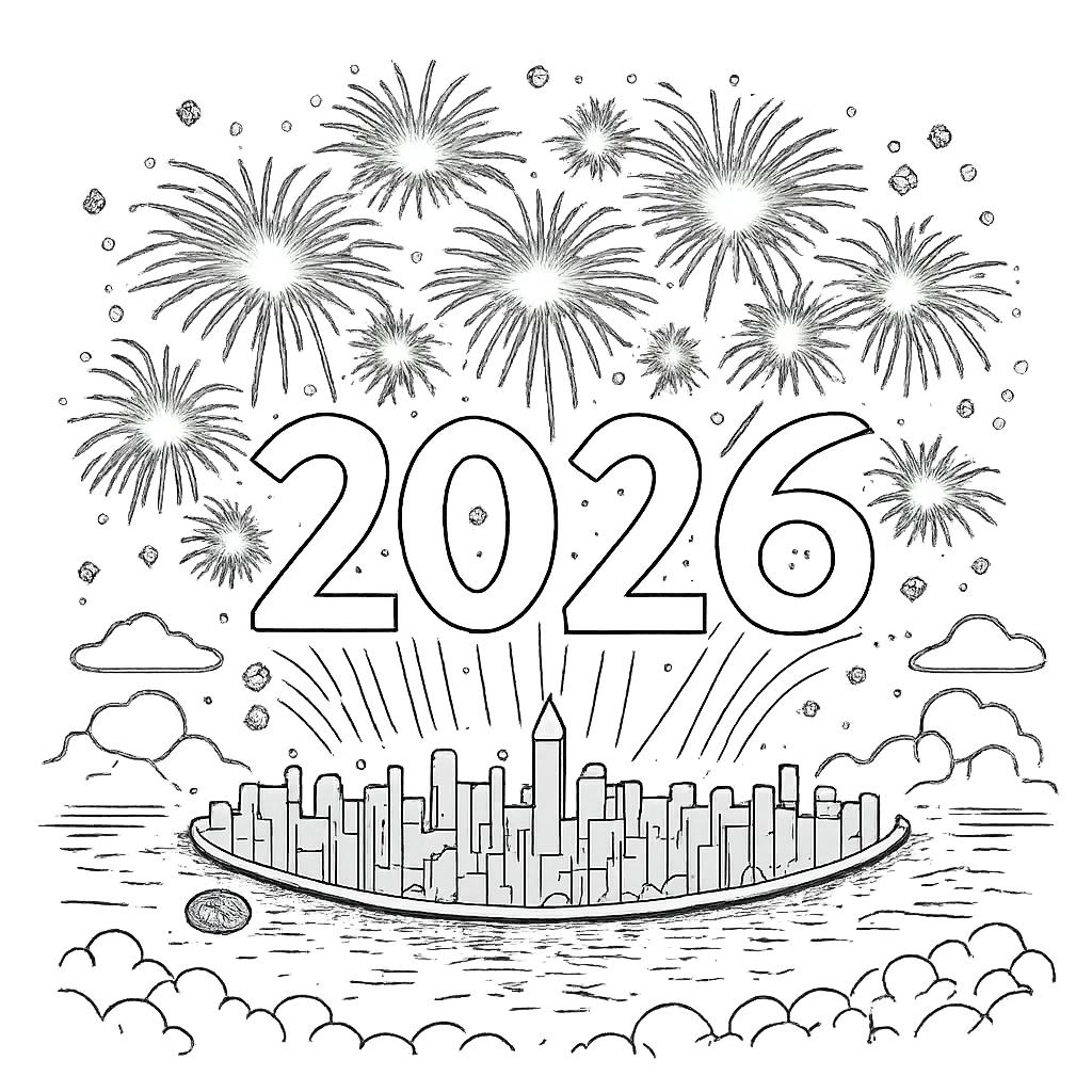 2026 vuurwerk coloring page line art