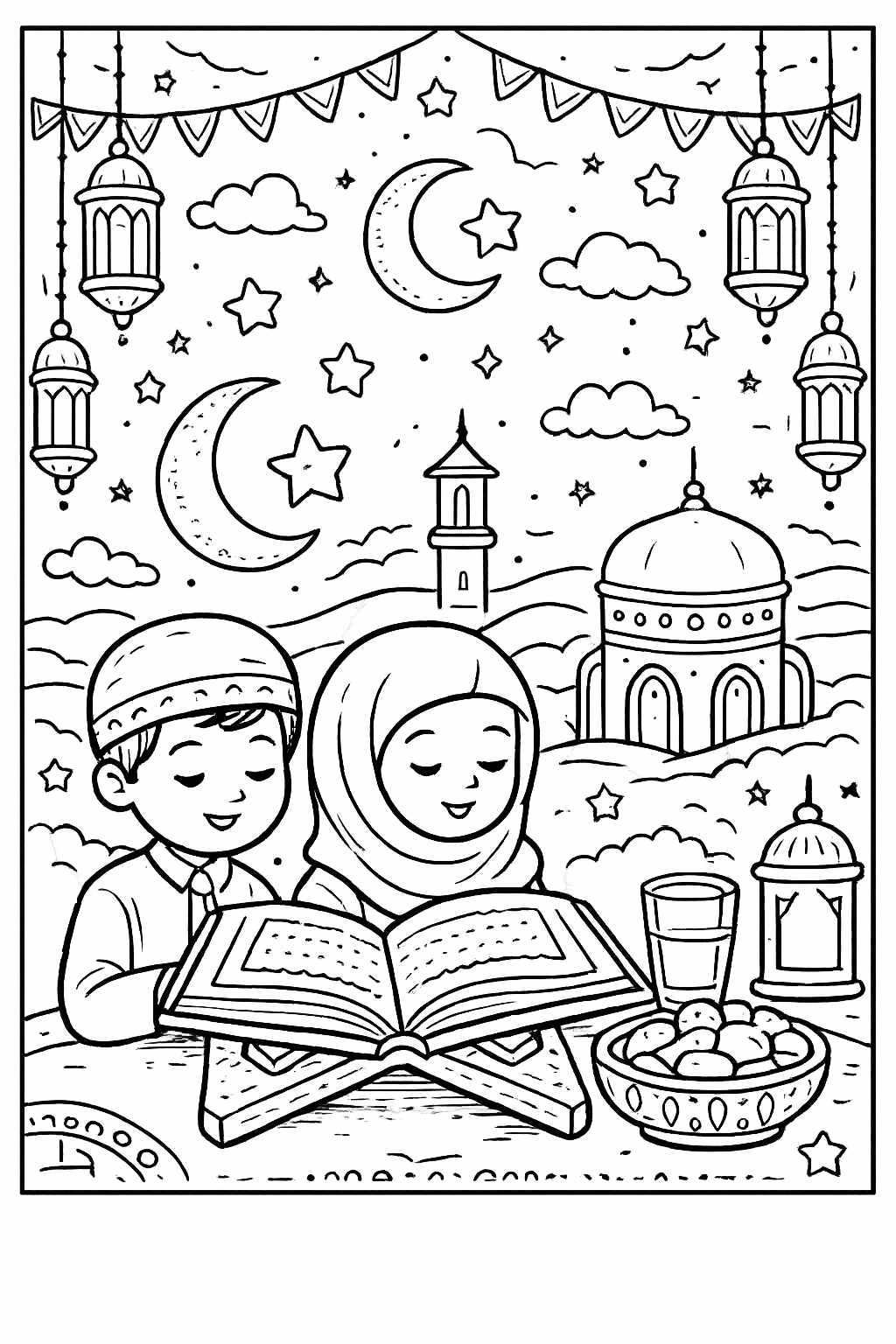 Ramadan kleurplaat - zwart-wit lijntekening