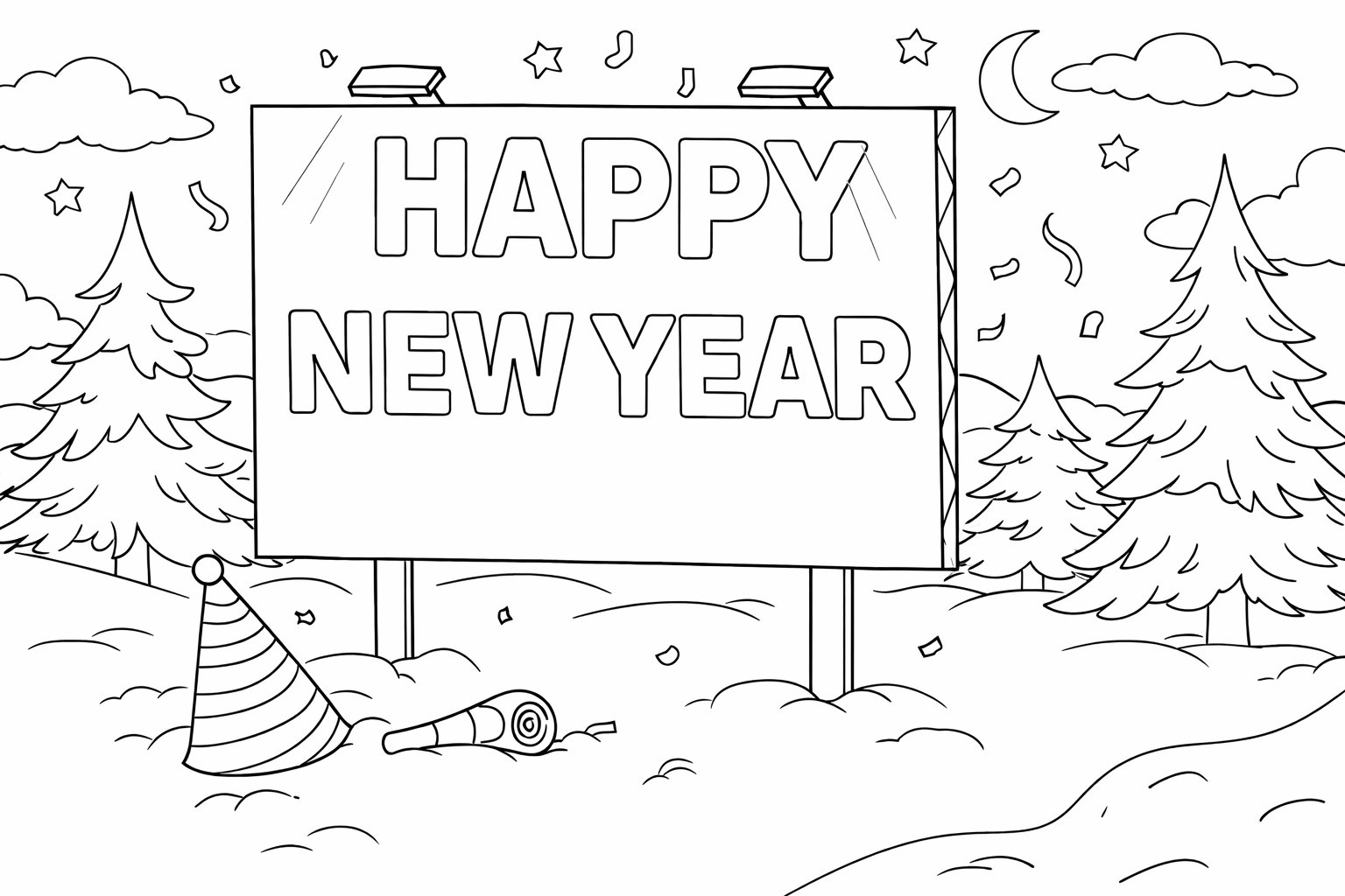 Happy New year kleurplaat - zwart-wit lijntekening