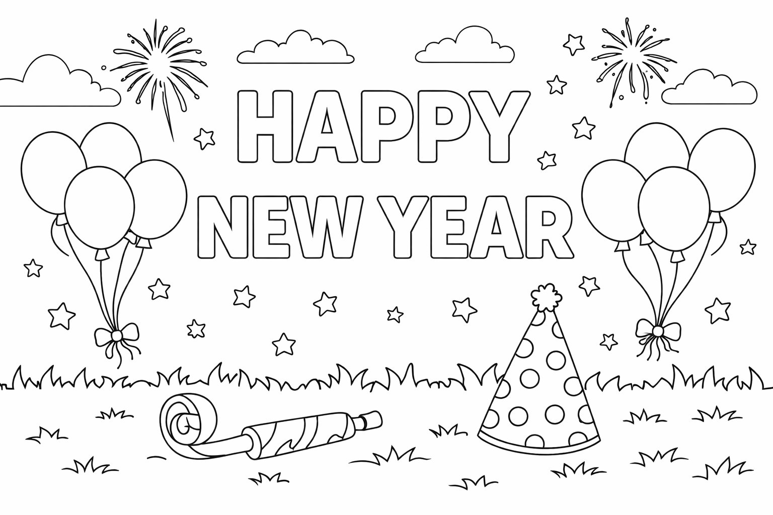 Happy New year kleurplaat - zwart-wit lijntekening