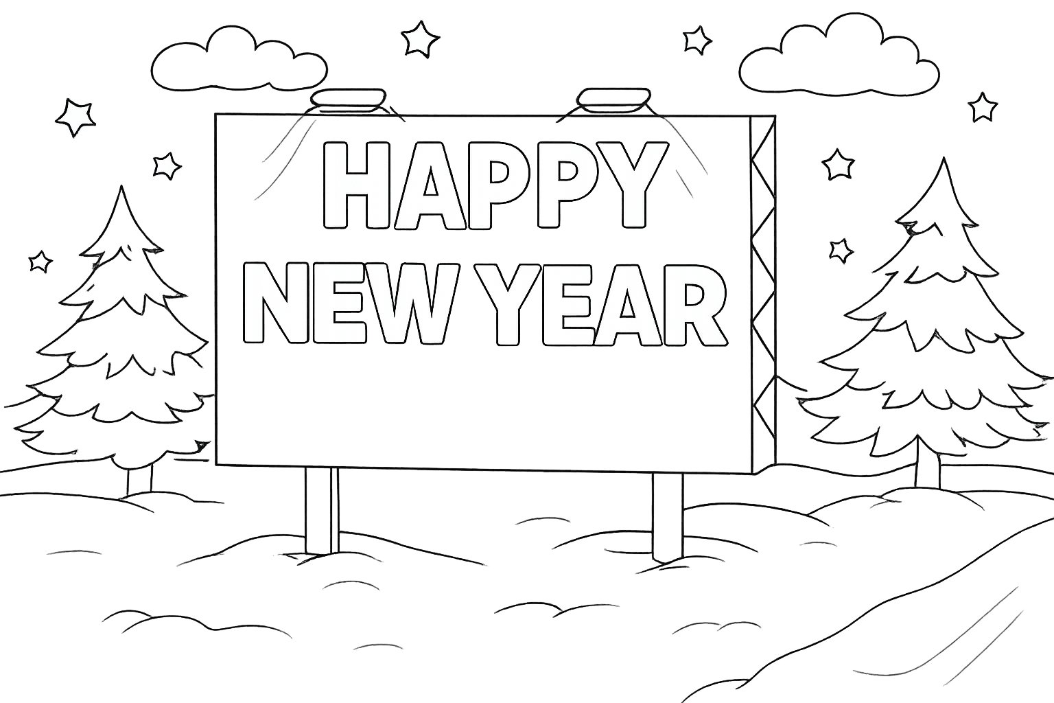 Happy New year kleurplaat - zwart-wit lijntekening